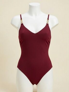 Amoressa Burgundy V Neck Ruched Cross Back One Piece Swimsuit Sz 14